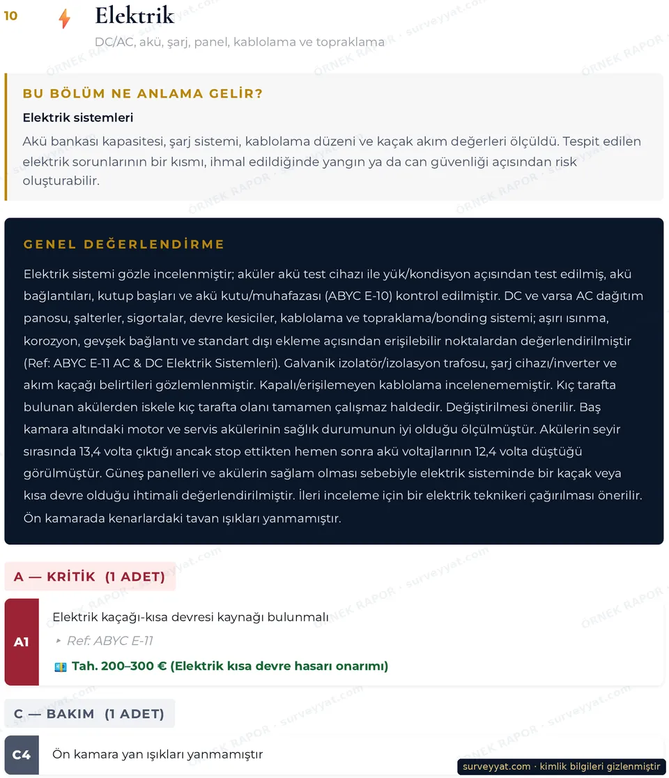Electrical section of a survey report: overall assessment and priced findings