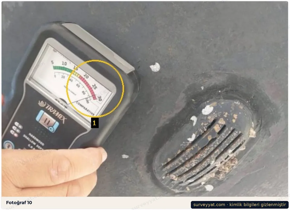 Tramex moisture reading on the underwater hull around an engine raw-water intake, reading circled