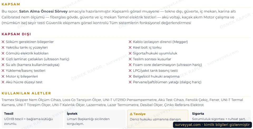 Scope, exclusions and instruments section of a survey report