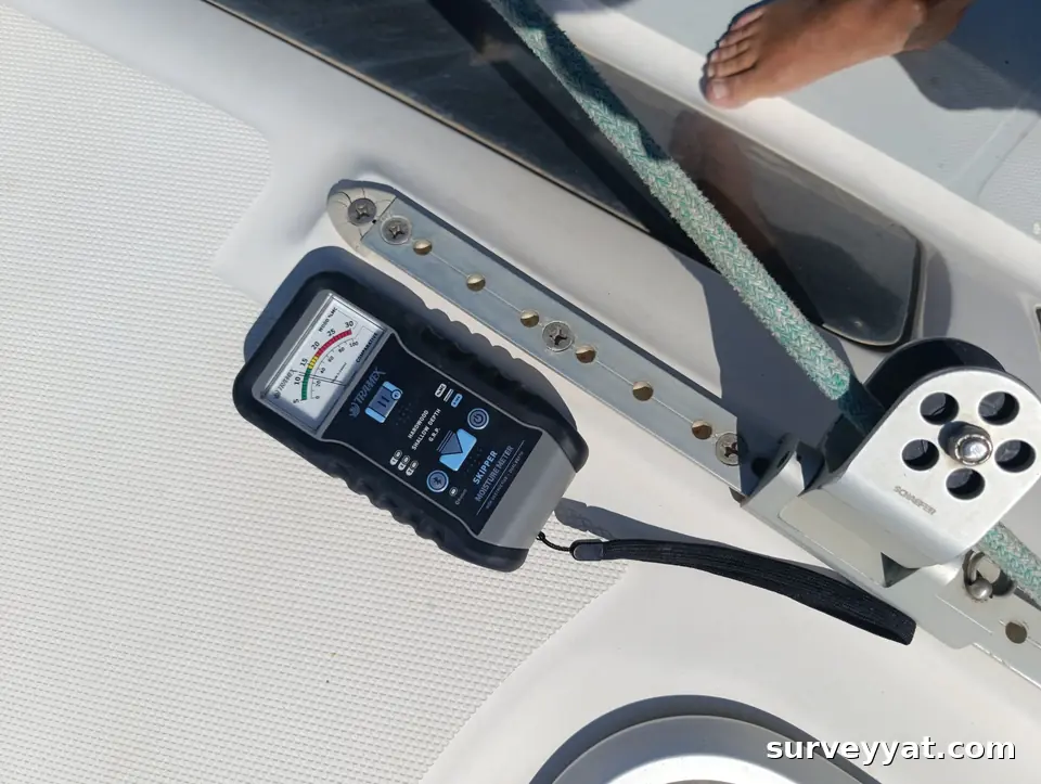 Tramex moisture reading on deck next to a track fitting