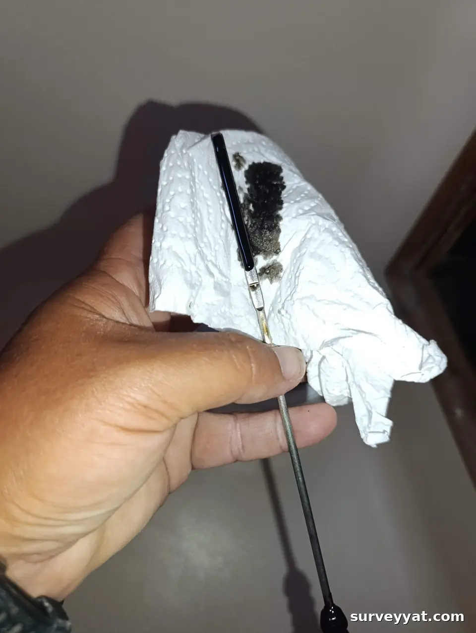 Engine oil dipstick and oil trace on a paper towel
